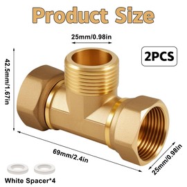 Pack of 2 Brass T-Piece Swivel Pipe Fittings 3/4 Inch, Brass Tee 3/4 Inch, Female Thread x Male Thread x Female T-Piece Water Connection DN20, 3-Way T-Connector Coupling for Air Conditioning