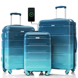 Merax Luggage Sets, ABS Hardshell Suitcase Spinner Wheels with USB Port TSA Lock, Lack Blue and Blue, 20/24/28 Inch