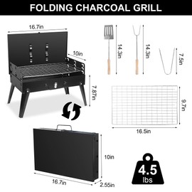 TeqHome Portable Charcoal Grill, Small Foldable Barbecue BBQ Grill Charcoal for Outdoor Picnic, Backyard, Patio and Parties, 16.7"×10"×17.7"