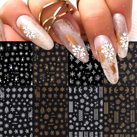 8 Sheets Christmas Snowflake Nail Art Stickers Gold White Snowflakes Nail Decals for Glitter Nail Stickers 3D Self Adhesive Winter Holiday Nail Design Stickers for Women Girls Xmas Nail Decorations