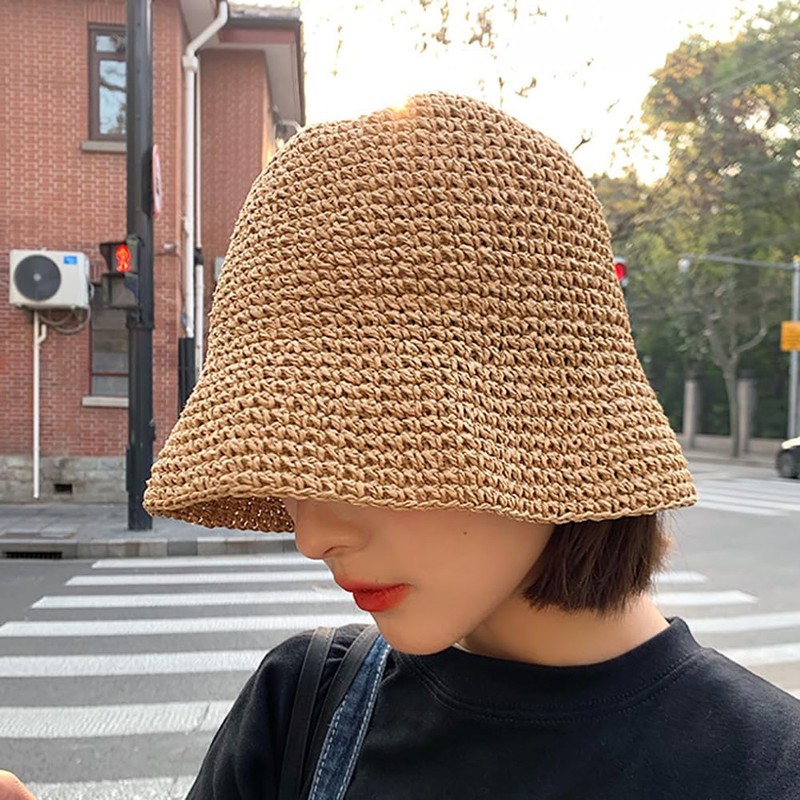 GSHLLO Crochet Bucket Straw Sun Hat Wide Brim Sun Cap