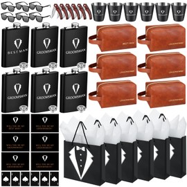 60Pcs Groomsmen Gifts Groomsmen Proposal Box with Shot Glasses Sunglasses PU Leather Toiletry Bag Wood Folding Knife Bottle Opener for Wedding Groomsman Best Man Gift (Brown)