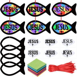 Sinload 24 Sets Faith Fish Craft Kit DIY Christian Jesus Fish Craft Religious Easter Cross Tissue Paper Hanging Ornament for Home Church Bible Sunday School Activities