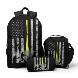 Nerxy School Backpack Set 3 Pcs Baseball US Flag Printed Large Bookbags Heavy Duty Shoulder Packs Teenager Girls Boys