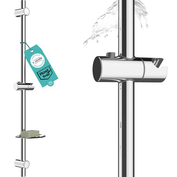 Shower Rail 90 cm Rustproof with Soap Holder - Shower Rail 90 cm Variable Drill Holes Thanks to Flexible Wall Brackets - Universal Shower Rail Long with Top Slider - Wall Rail Shower Variable