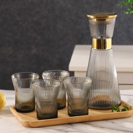 DUJUST Ribbed Black Glass Carafe Set, Elegant Water Carafes with Gold Decoration, 1 Crystal Glass Carafe with Golden Lid (44oz), 4 Cups & 1 Tray, with Thickened Bottom, Food-Grade Silicone, Leak-Proof