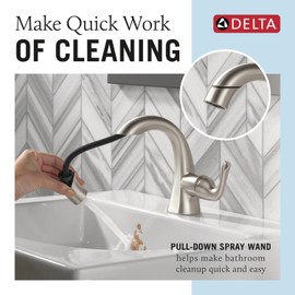 Delta Arvo 1 Hole Pull Down Bathroom Faucet with Sprayer, Brushed Nickel Single Hole Bathroom Sink Faucet with Pull Out Sprayer for Vanity, Push-Pop Drain, SpotShield Stainless 15840LF-SPPD