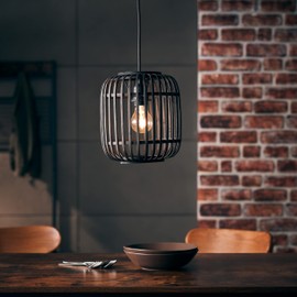 Lightbox Pendant Light Made of Real Rattan, 1x E27 Max. 40 Watt Metal/Rattan in Wood Dark / Black