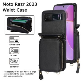Ninki Compatible Moto Razr 2023 Case with Card Holder, Leather Wallet Case with Finger Loop and Detachable Strap - Black