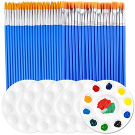 65 Pcs Paint Brush Pallete Set for Kids,60pcs Flat Small Brush + 5 PCS Round Paint Tray Palettes,Children Nylon Hair Detail Paint Brushes for Paint Party Classroom Acrylic Oil Watercolor Painting