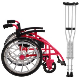 TOYANDONA 1 Set Doll Wheelchair and Crutch Playset Red Mini Wheelchair Model Miniature Wheelchair Crutch Ornaments for Children Role Play Toy
