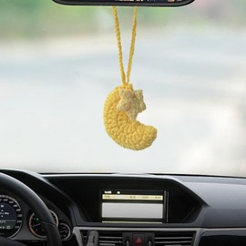 Cute Crochet Moon Hanging Ornament for Women - Aesthetic Car Accessories Car Rearview Mirror Pendant - Handmade Knitted Car Interior Rear View Mirror Charm, Boho Car Decoration Presents (Yellow Moon)