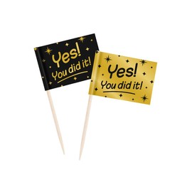 Jesters Party You Did It Cocktail Picks - 50pcs Classy Party Toothpicks for Graduation Party and Celebrations - Black and Gold Cocktail Sticks for Food Decorations