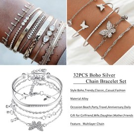 Sanfenly 32 PCS Boho Gold Chain Bracelets jewelry set Set for Women Multiple Layered Stackable Open Cuff Wrap Silver Bangle Adjustable Fashion Paperclip Link Cuban Beaded Bracelets jewelry set Jewelry for Girl gift