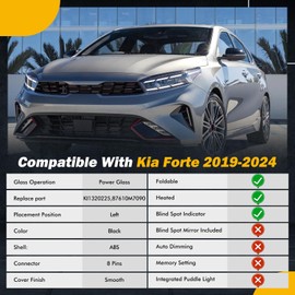 19-24 Left Driver Side Mirror Compatible with KIA Forte 2019 2020 2021 2022 2023 2024, W/Blind Spot Indicator/Heated/Manual Folding/Power Glass Door Mirror Replace 87610M7090 KI1320225 (8 pins)