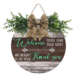 Aowotu Welcome, Leave Your Shoes And Worries at The Door, Rustic Round Wooden Wreath, Farmhouse Porch Wall Art Decoration, New Home Housewarming Gift 12 Inches