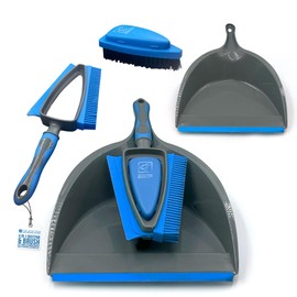 4 in 1 Dustpan and Brush Set - Clean all Mess on all Surfaces with Built in Squeegee, Rubber Bristles and Scrubbing Brush - Perfect for Carpet and Hard Flooring