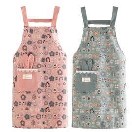 Colexy Kitchen Apron, Pack of 2 Floral Aprons with Large Pocket, Blooming, Anti-Fouling, Cotton Linen Cooking Apron, Strap Design, for Men and Women, for Cooking or Baking