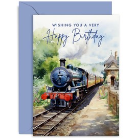 Traditional Male Birthday Card for Him - Watercolour Railway Station Design - Steam Train Birthday Card for Men - Birthday Card for Dad, Uncle, Grandad, Brother | Blank Inside Envelope