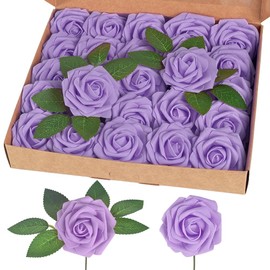 homEdge Artificial Rose, 25pcs Foam Artificial Flowers with Stem for Home Decorations, Wedding Bouquets, Party, Certerpieces, Anniversaries-Lilac