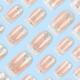 Tips Press On Uñas Francesas Purpurina Con Pegamento,24 Pcs                                                                                           