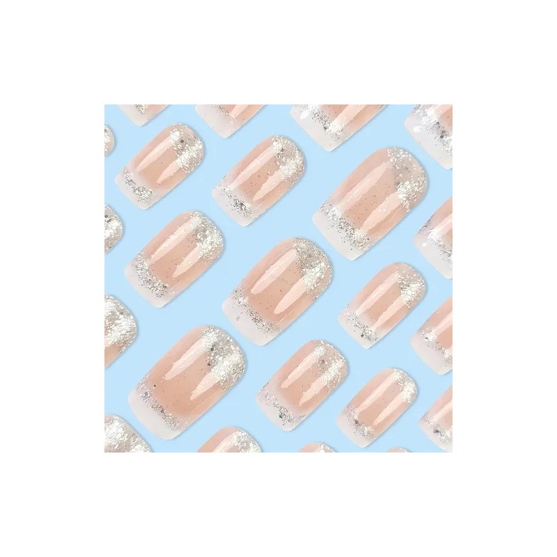 Tips Press On Uñas Francesas Purpurina Con Pegamento,24 Pcs