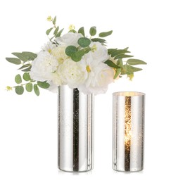 Glass Cylinder Vases Set of 2, Hewory Glittery Silver Vase for Centerpieces, Glass Hurricane Candle Holders for Pillar Floating Candle, Tall Round Vase for Wedding Anniversary Events Home Table Decor