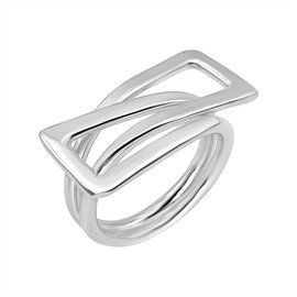 Silverly Sterling Silver Abstract Rectangular Statement Wrap Ring - Open Rectangle Wide Double Band Design - Elegant Modernist Geometric Jewellery - Unique 925 Silver Chunky Rings for Women
