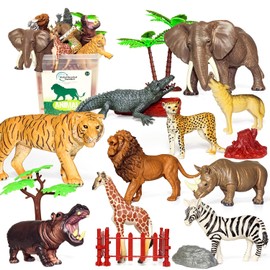10 Big Realistic Safari Animal Toys for Kids 3-7, Jungle Figures Set with 12 Accessories & Storage Bucket, Educational Plastic Toys