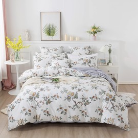 FADFAY Duvet Cover Set Queen Elegant Floral Bedding Shabby Beige Bird Print Flower Quilt Cover Set Vintage Farmhouse Bedding 100% Cotton Soft Comforter Cover Set with Zipper Closure 3Pcs, Queen Size