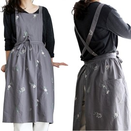 Ifukens Women's Stylish Nordic Apron, Cute, Adult, Apron, Cute Embroidery, Floral Pattern, One-Piece Waterproof Apron, H Shaped Pocket, Thick Cotton Fashionable Apron, Stylish Work Apron, Large Size,