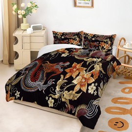 OUIXOTIC Red Abstract Dragon Comforter Set Queen Size, 3-Piece Floral Home Decor Bedding Set for Kids Adults Bedroom,Time-Honored Eastern Motif Black Dragon Printed with 2 Pillowcases All Seasons.