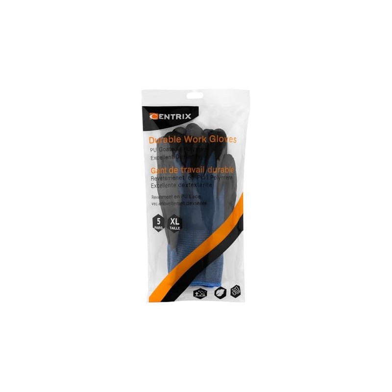CENTRIX 5-Pack XL Work Gloves – PU Coated Palm, Lightweight,