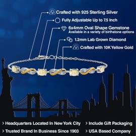 Infinity Bracelet For Women | 925 Silver & 10K Yellow Gold | Gemstone Birthstone and Accent Lab Grown Diamond | Oval 6X4MM | Round 1.2MM | Elegant Two-Tone Fine Jewelry | Adjustable Up to 9 Inch