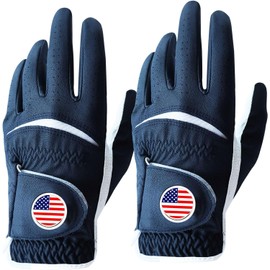 FINGER TEN Golf Gloves Men Right Handed Golfer 2 Pack Left Hand with Ball Marker Leather Premium Weathersof Grip Soft Mens Golf Glove (Blue,Medium,Worn on Left Hand)