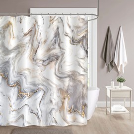 MitoVilla Modern Marble Abstract Extra Long Shower Curtain, 72"W x 84"L, White, Grey, Gold, Waterproof, Polyester, Bathroom