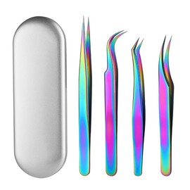 Juego de 4 Piezas de Pinzas de Pestañas Postizas de Titanio Colorido Pinzas de Depilación Kit de Pinzas de Extensión Herramientas para Extensiones de Pestañas Postizas con Caja (Traje Color Ti Dorado)