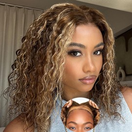 Ombre 4/27 Highlight Wear And Go Glueless Wigs Human Hair Pre Plucked Pre Cut 4/27 Honey Blonde Wig Human Hair Short Curly Bob Wig 180% Density Water Wave Lace Front Wigs For Black Women 14 Inch