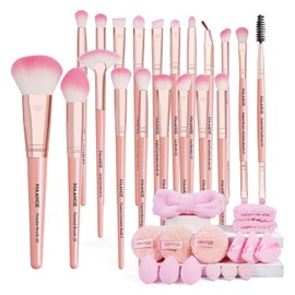 MAANGE 35Pcs Set de Brochas para Maquillaje Incluir 20Pcs Brochas Maquillaje 12Pcs Esponjas para Polvos y 3Pcs Diadema para el Cabello Juego de Brochas para Viajes y Uso Diario(Rosa, 35 Pcs Set)