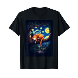 Van Gogh Starry Night Funny Cat Moonlit Scene Cat Lovers T-Shirt