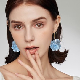 KVANU Unique Handmade Bohemian Resin Flower Petal Dangle Earrings Large Long Acrylic Rose Flower Tiered drop Earring Statement Summer Party Exaggerated Floral Tassel Hook Earrings for Women (Pearl blue)
