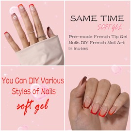 Dsixnails Red French Tip Press on Nails, 150pcs Soft Short Square French Gel Nail Tips in 15Sizes, Pre-lasting Soak Off Acrylic Fake Nails, No Need to File False Nail Tips Extension for Women Nails