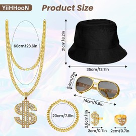 6Pcs Hip Hop Costumes Set, 80s 90s Rapper Accessories with Dollar Sign Necklace Rings Bracelet Sunglasses Black Bucket Hat