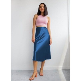 Zeagoo Womens Midi Skirt Satin High Waist Skirt Elegant Fall Skirts Blue Medium