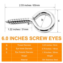ZUSFUL 6 Pcs M6 304 Stainless Steel Screw Eye Hooks, 2-1/2 Inches Eyes Screw Hooks,Heavy Duty Screw Eye Bolt,Load Bearing 200LB,Indoor & Outdoor Use