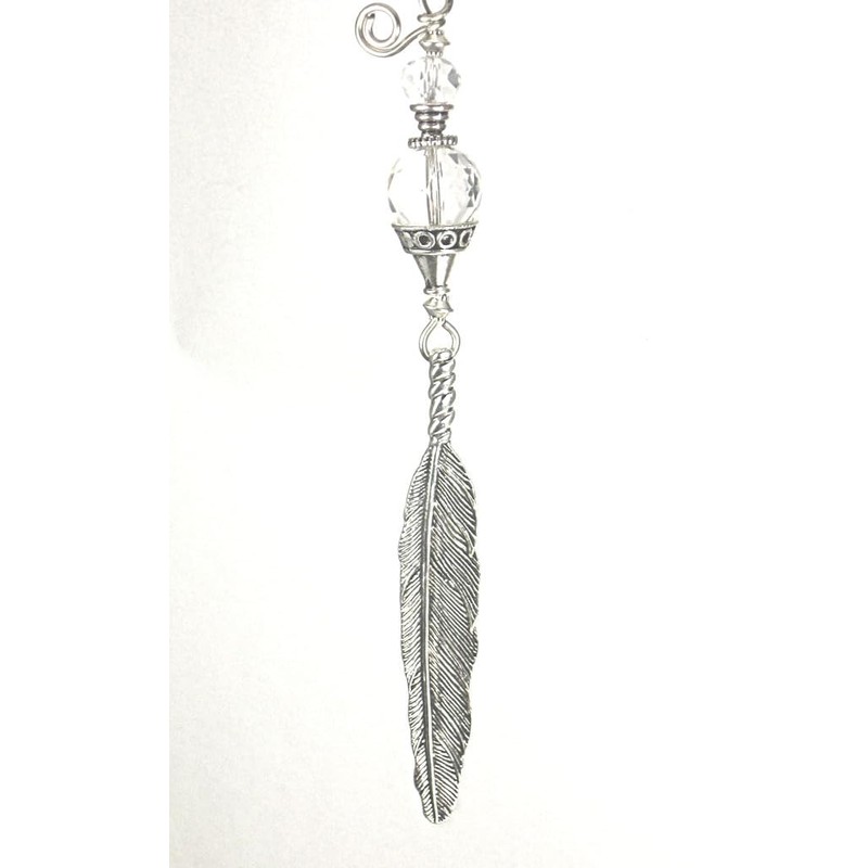 Long, Detailed Silvery Feather with Reflective Faceted Crystal Clear Glass