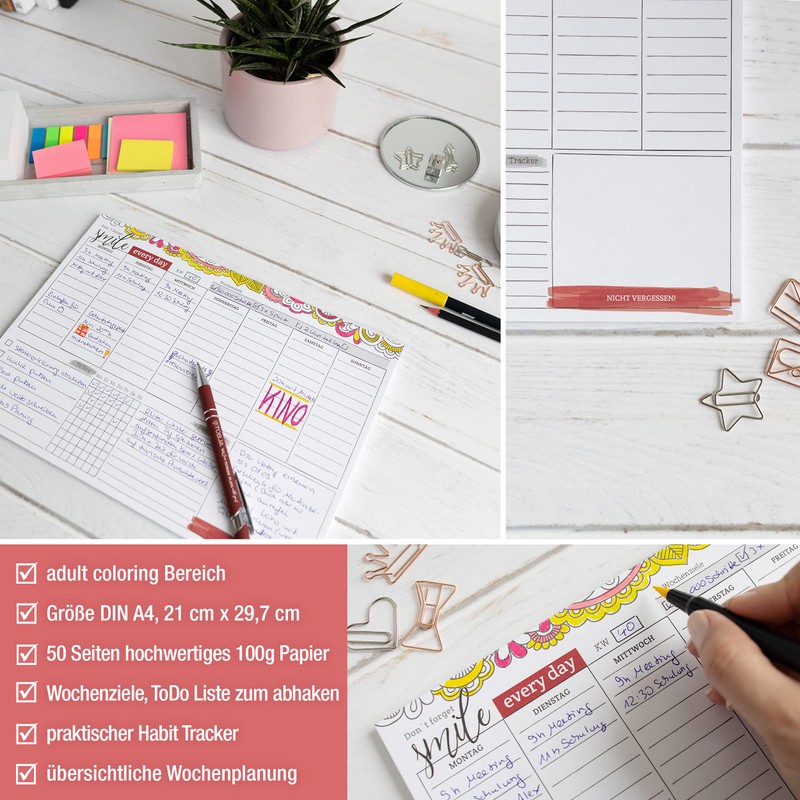 Weekly Planner Pad Including Habit Tracker, 50-Sheet Organiser without Date,
