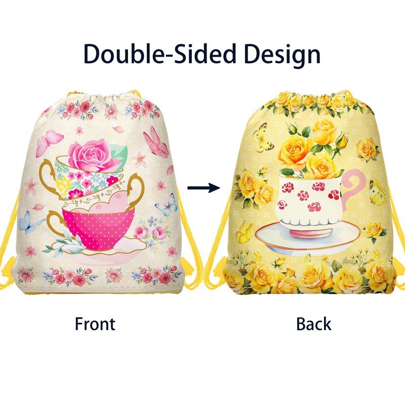 12 Pcs Tea Party Drawstring Bag Set, Colorful Floral Non-Woven