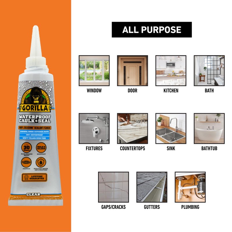 Gorilla Waterproof Caulk & Seal Silicone Sealant, 2.8oz Squeeze Tube