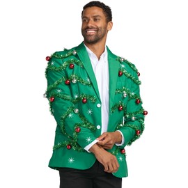 Tipsy Elves Men's Green Gaudy Garland Blazer - Jacket with Garland and Ornaments Attached Size 44